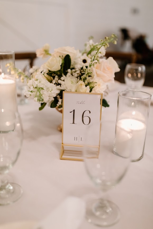 Kansas City wedding florist - White floral compote centerpiece with table number